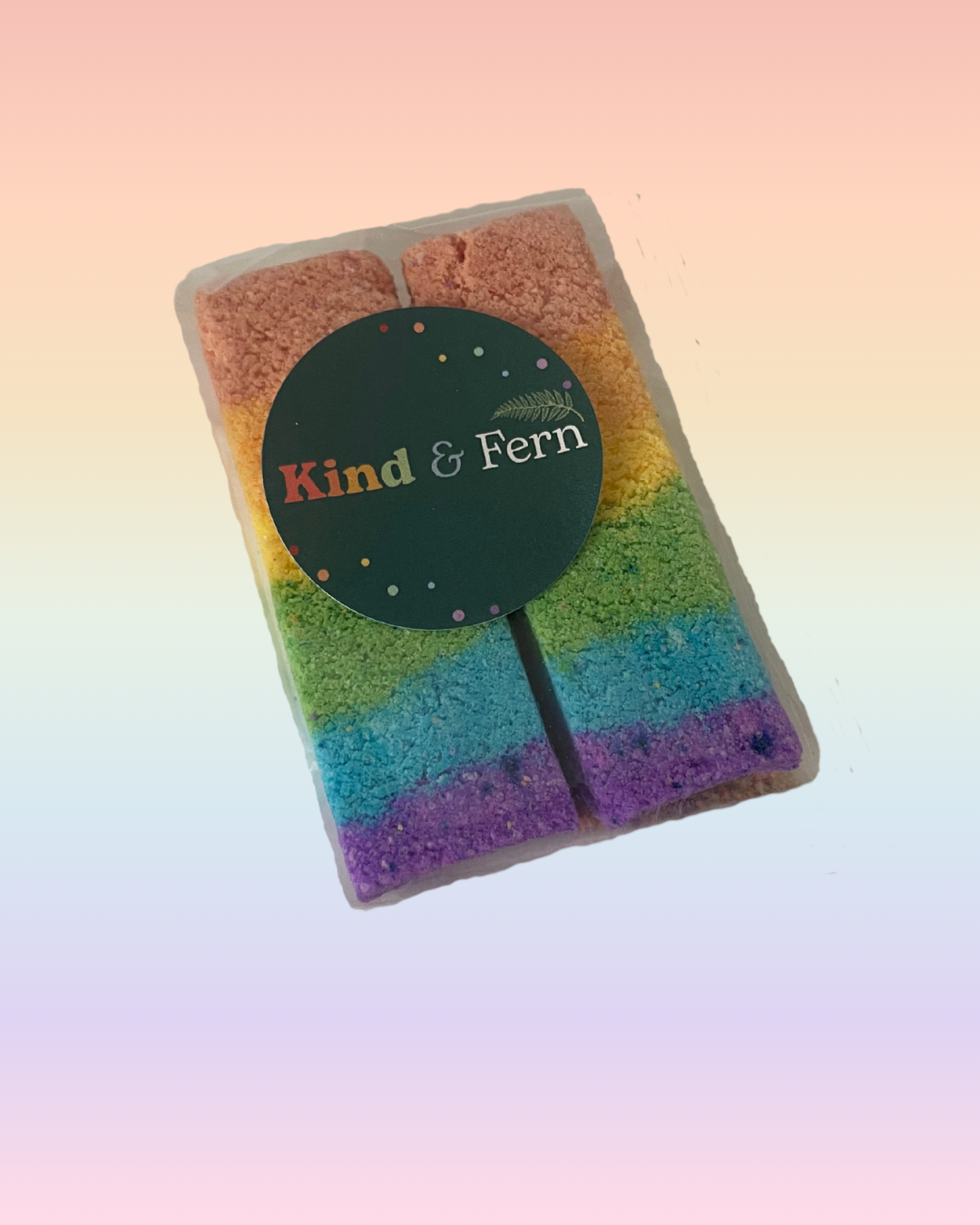 Kind & Fern rainbow layered bath blocks in compostable packaging