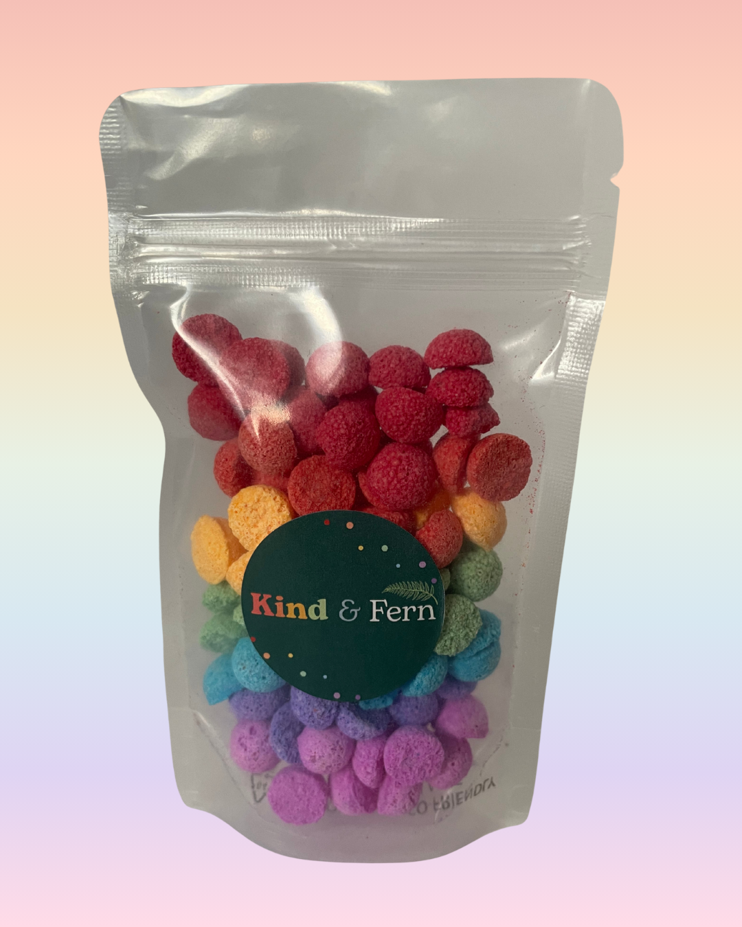 Pouch of Kind & Fern rainbow bath teenies in red, orange, green, blue and purple