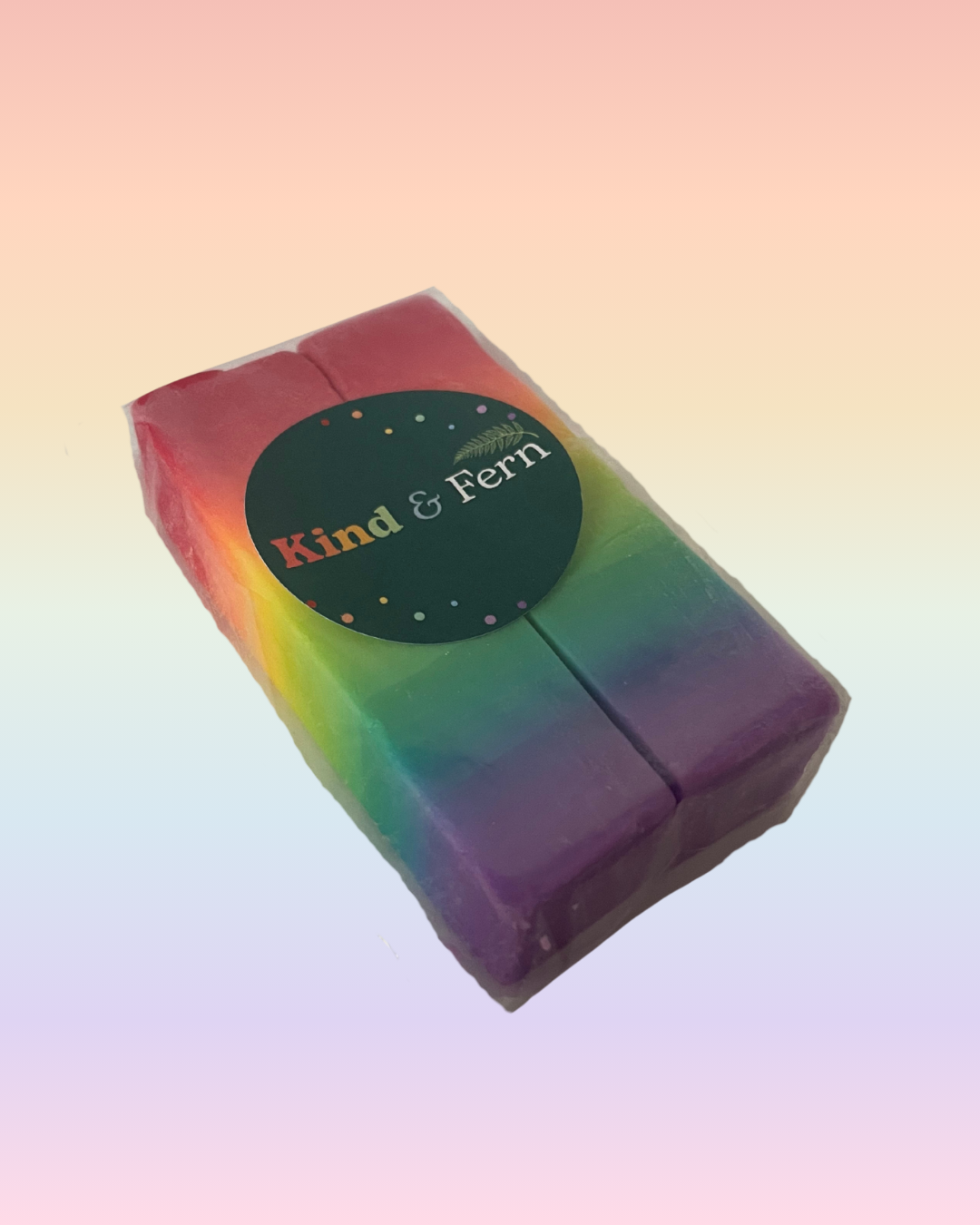 Kind & Fern rainbow layered kids' soap bar in compostable packaging