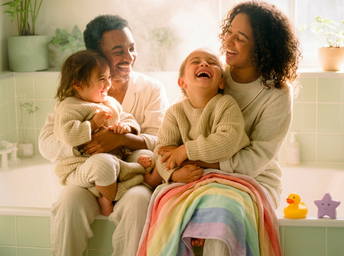 A joyful family laughing together by a sunlit bathtub